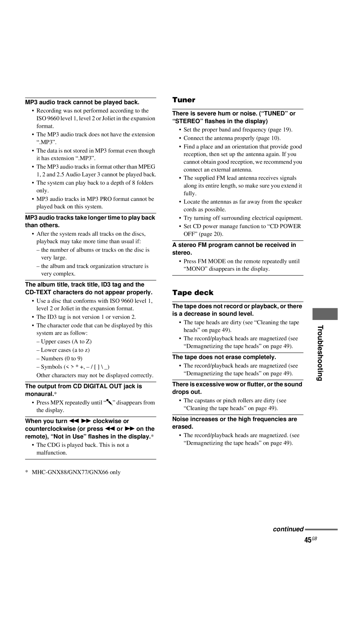 Sony MHC-GNX100, MHC-GX9900, MHC-GNX88, MHC-GNX70, MHC-GNX80, MHC-GNX60, MHC-GNX66, MHC-GNX77 Tape deck, Troubleshooting 45GB 