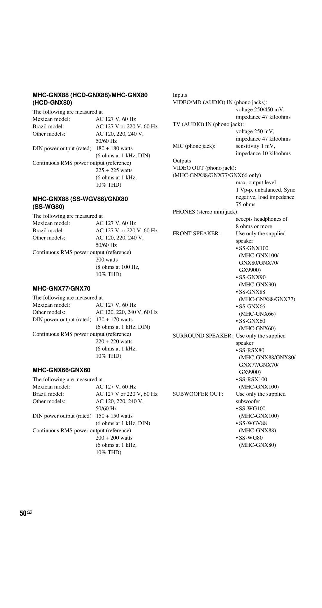 Sony MHC-GNX60, MHC-GNX100, MHC-GX9900, MHC-GNX70, MHC-GNX80, MHC-GNX66, MHC-GNX77 manual 50GB, MHC-GNX88 SS-WGV88/GNX80 SS-WG80 