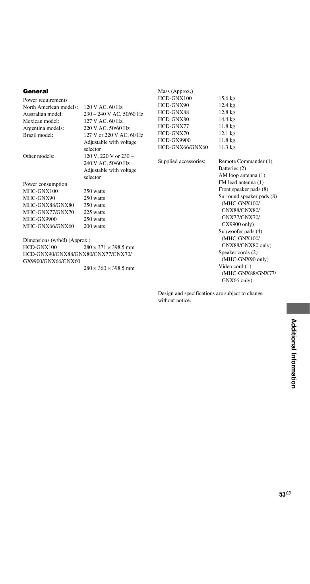 Sony MHC-GNX90, MHC-GNX100, MHC-GX9900, MHC-GNX88, MHC-GNX70, MHC-GNX80, MHC-GNX60 manual Additional Information 53GB, General 