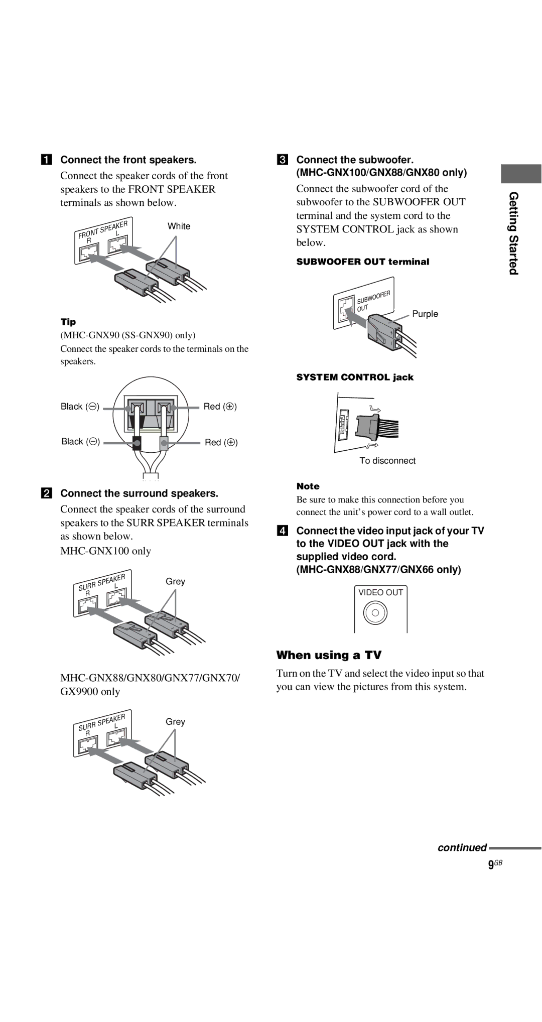 Sony MHC-GNX100, MHC-GX9900 Getting Started, When using a TV, Connect the front speakers, Connect the surround speakers 