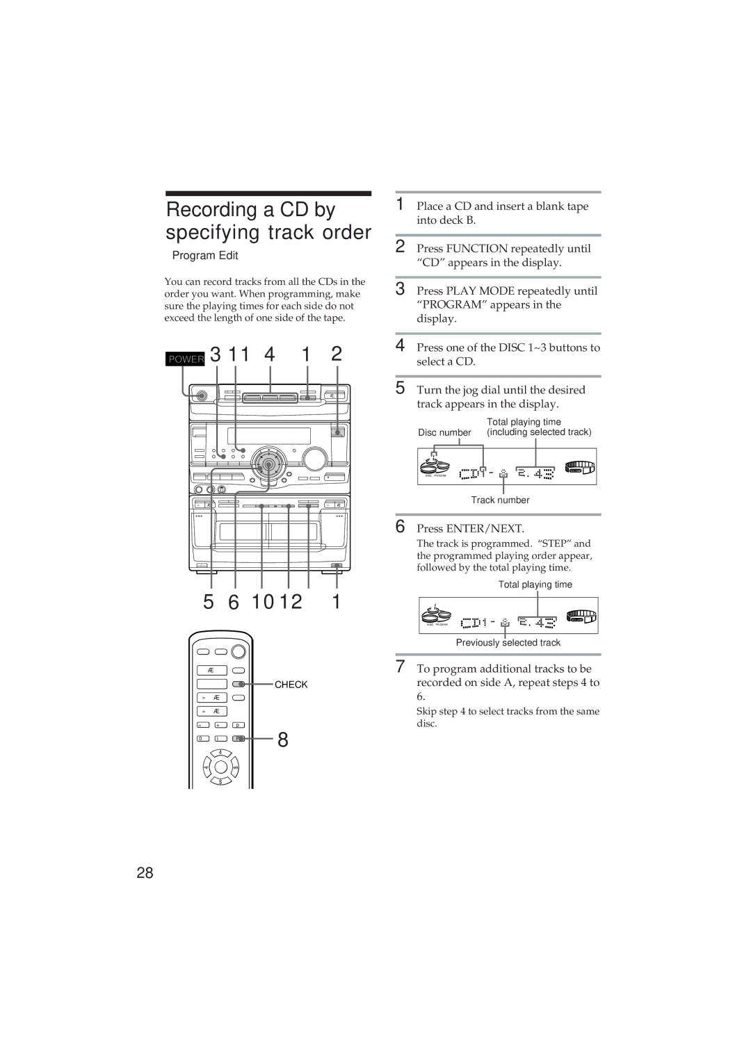 Sony MHC-GR10AV, MHC-D90AV operating instructions Recording a CD by specifying track order, Program Edit 