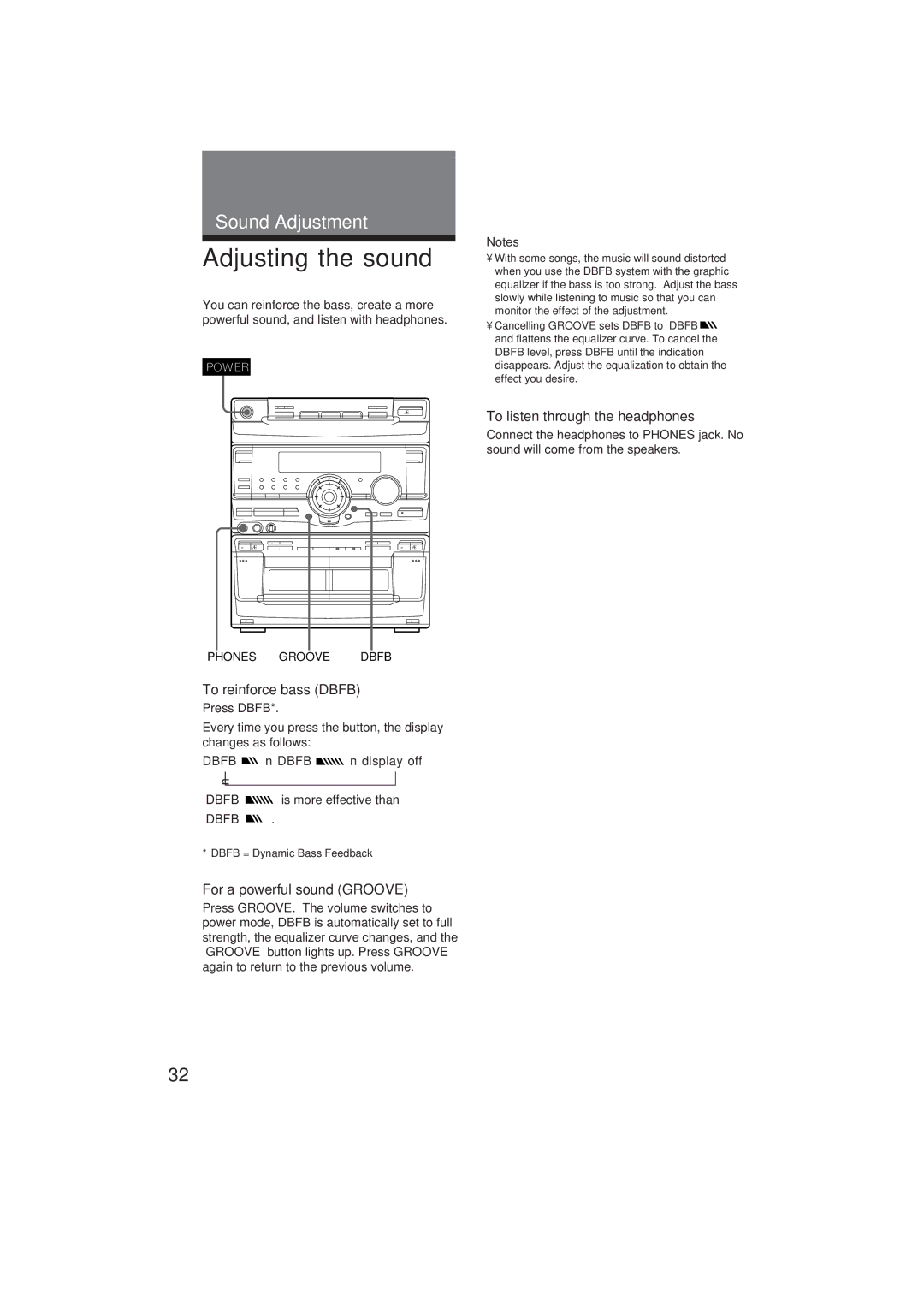 Sony MHC-GR10AV Adjusting the sound, To reinforce bass Dbfb, For a powerful sound Groove, To listen through the headphones 