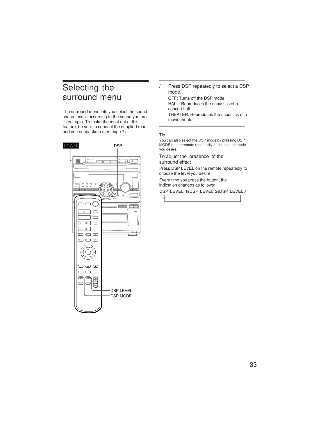 Sony MHC-D90AV, MHC-GR10AV operating instructions Selecting the surround menu, Press DSP repeatedly to select a DSP mode 