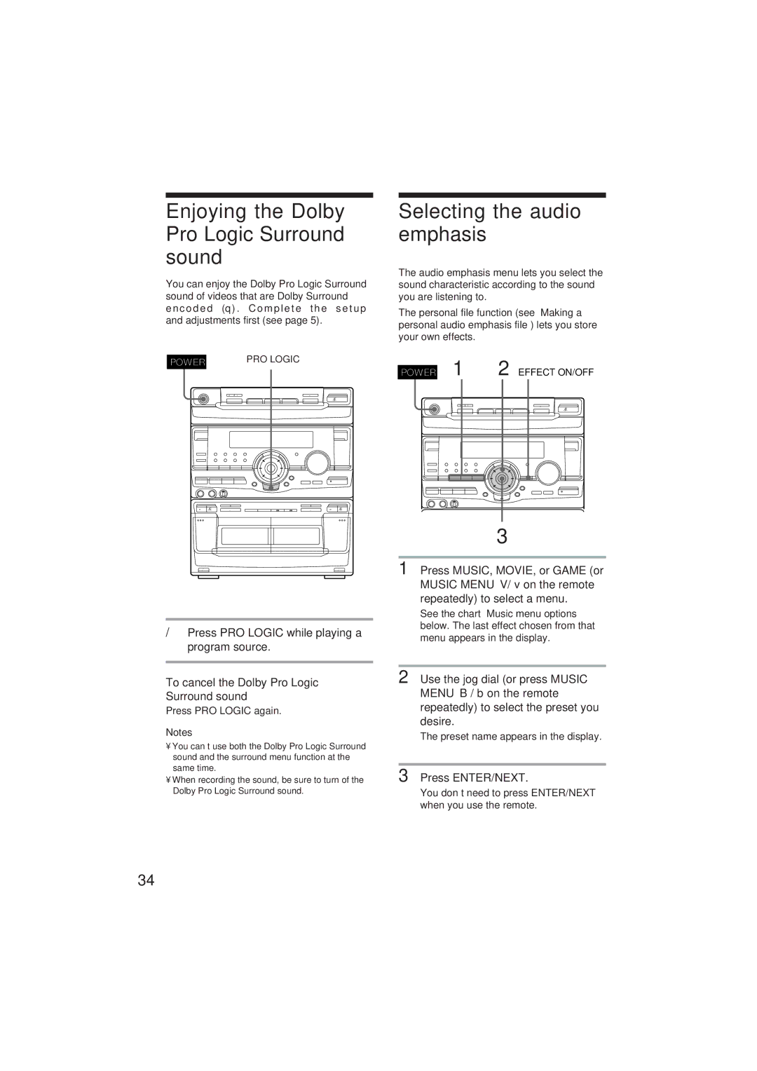 Sony MHC-GR10AV, MHC-D90AV operating instructions Enjoying the Dolby Pro Logic Surround sound, Selecting the audio emphasis 