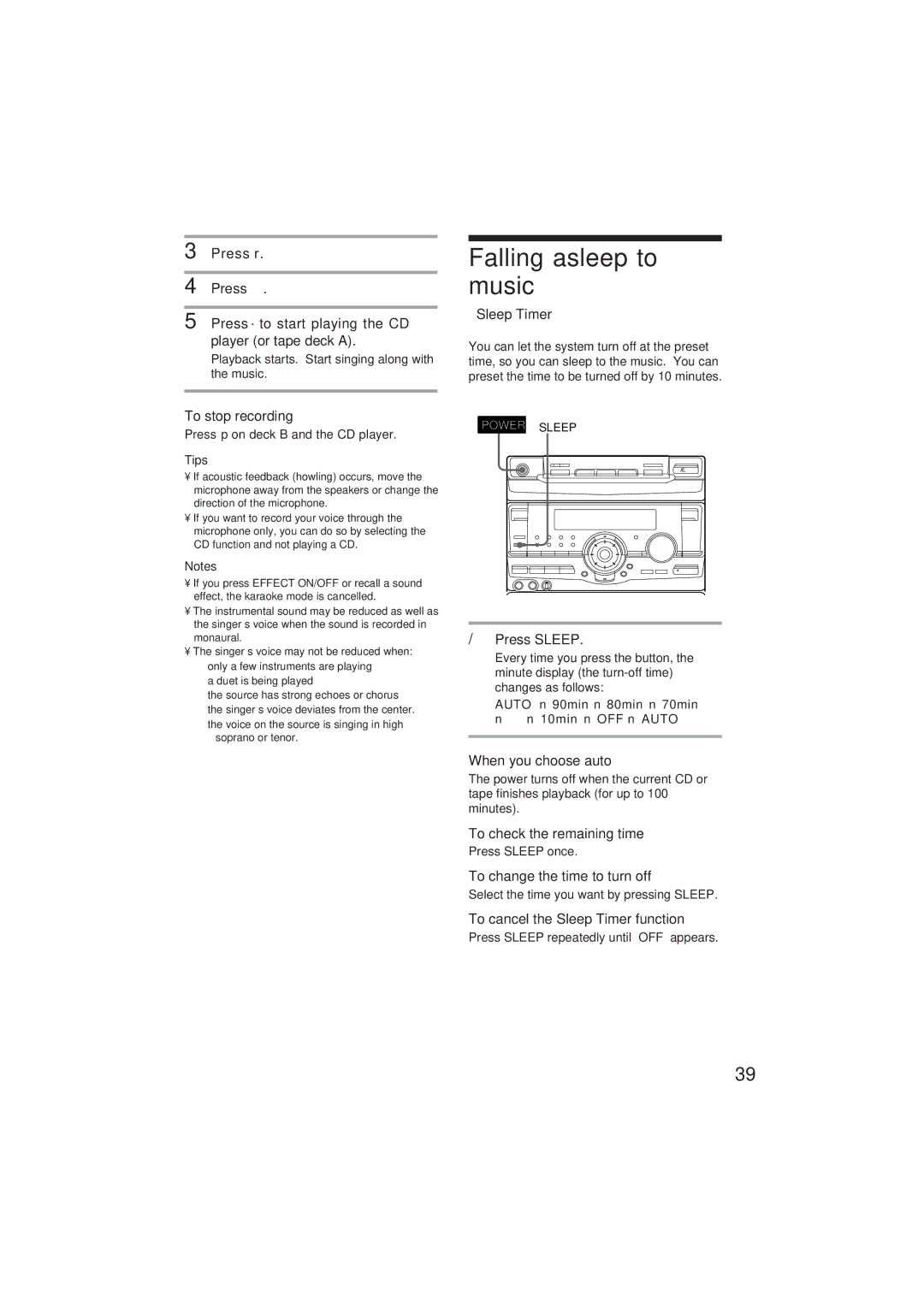 Sony MHC-D90AV, MHC-GR10AV operating instructions Falling asleep to music, Sleep Timer 