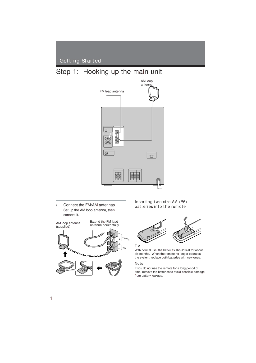 Sony MHC-GR10AV Hooking up the main unit, Connect the FM/AM antennas, Inserting two size AA R6 batteries into the remote 