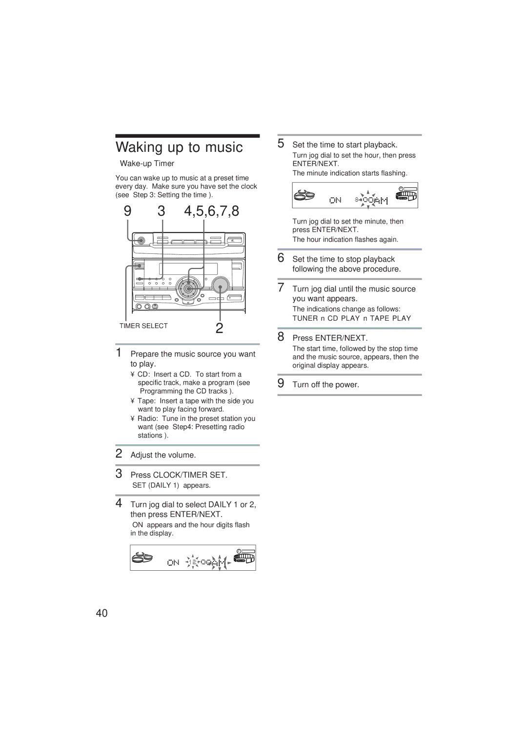 Sony MHC-GR10AV, MHC-D90AV operating instructions Waking up to music, Wake-up Timer 