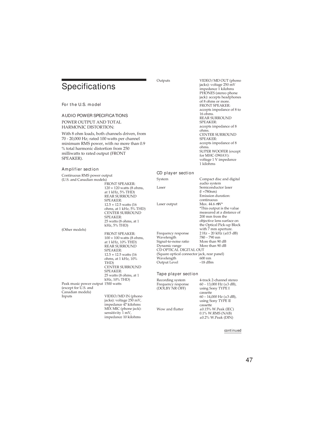 Sony MHC-D90AV, MHC-GR10AV Specifications, For the U.S. model, Amplifier section, CD player section, Tape player section 