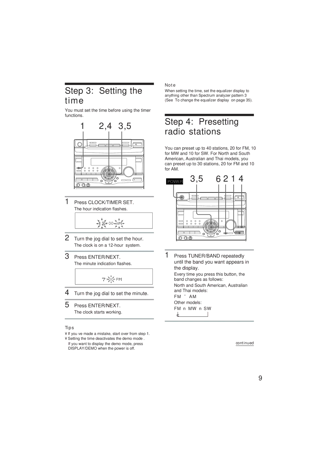 Sony MHC-D90AV, MHC-GR10AV operating instructions Setting the time, Presetting radio stations 