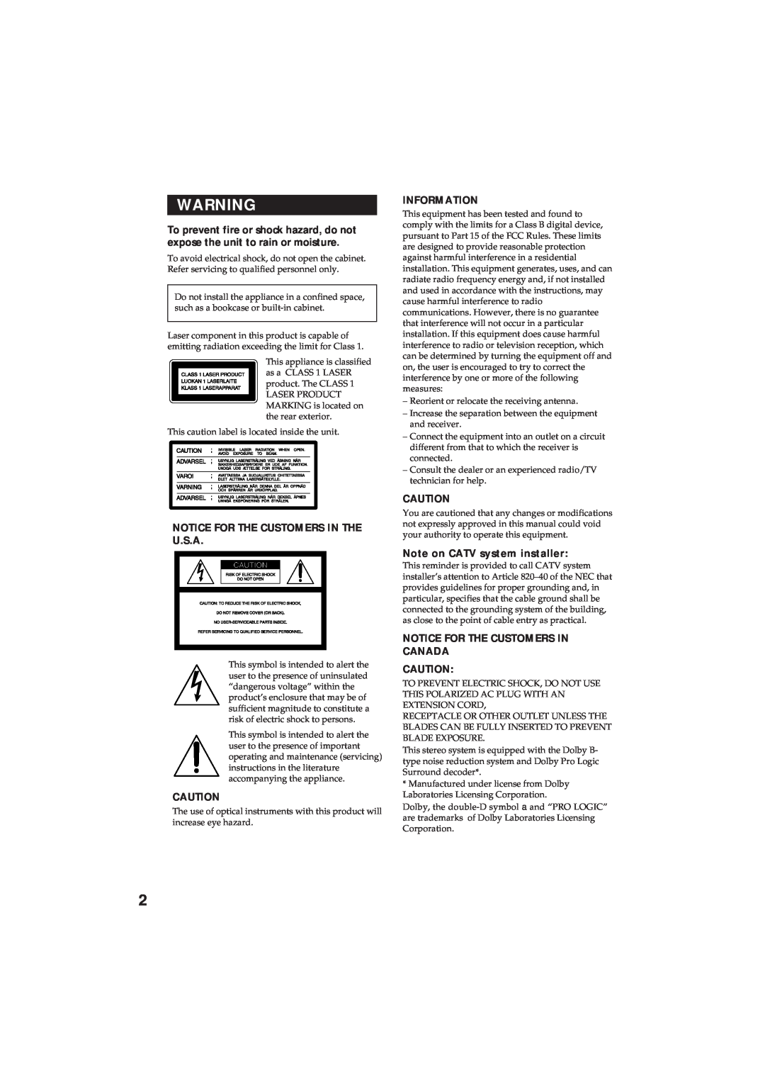 Sony MHC-GR10AV, MHC-D90AV Notice For The Customers In The U.S.A, Information, Note on CATV system installer 