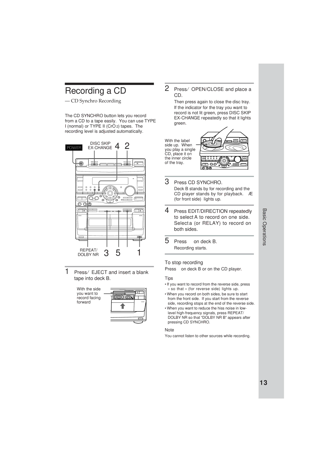 Sony MHC-GR8 manual Recording a CD, CD Synchro Recording, To stop recording 