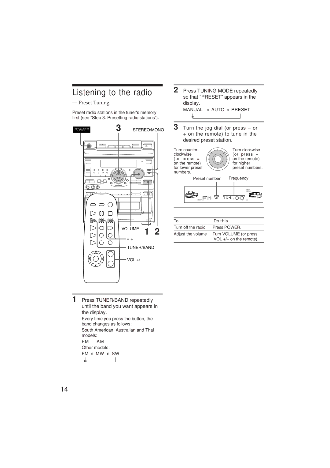 Sony MHC-GR8 manual Listening to the radio, Preset Tuning 