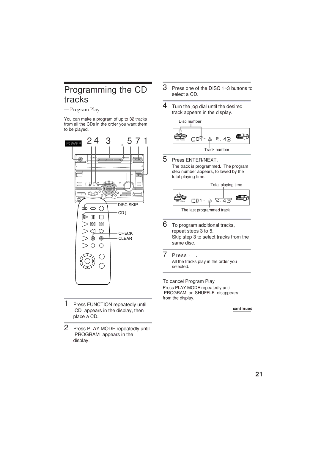 Sony MHC-GR8 manual Programming the CD tracks, „ 5 7, To cancel Program Play 