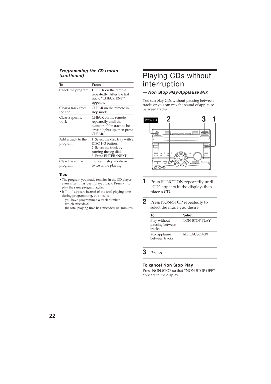 Sony MHC-GR8 manual Playing CDs without interruption, Programming the CD tracks, Non Stop Play/Applause Mix 