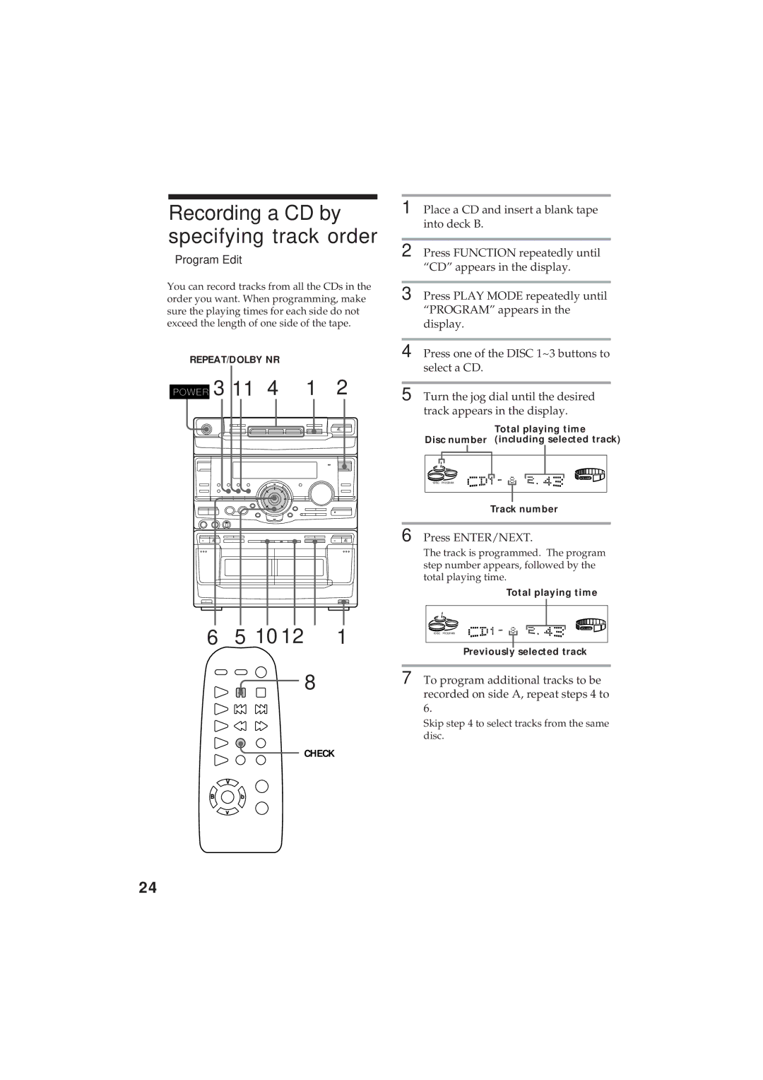 Sony MHC-GR8 manual Recording a CD by specifying track order, 10 12, Program Edit 