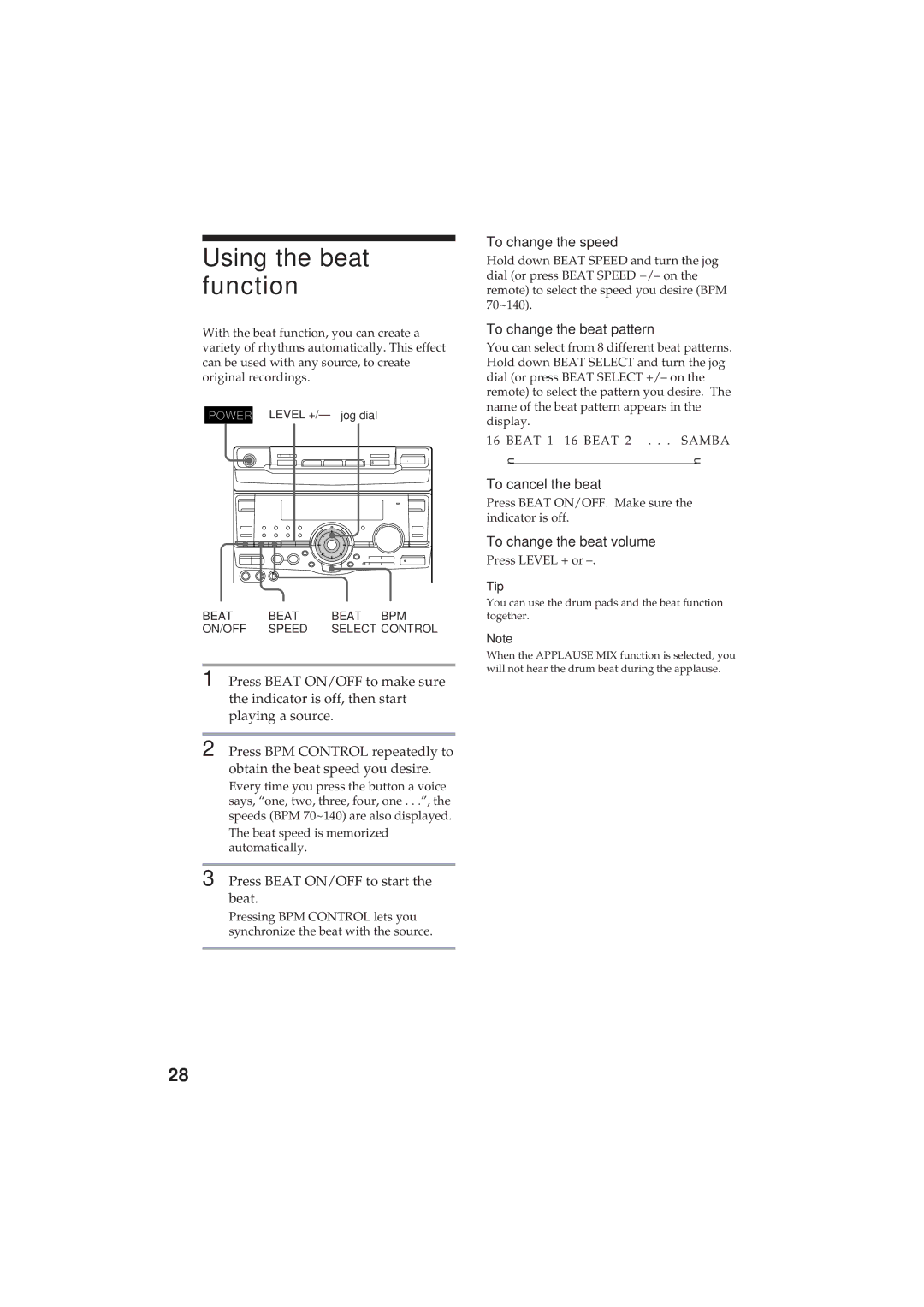 Sony MHC-GR8 manual Using the beat function, To change the speed, To change the beat pattern, To cancel the beat 