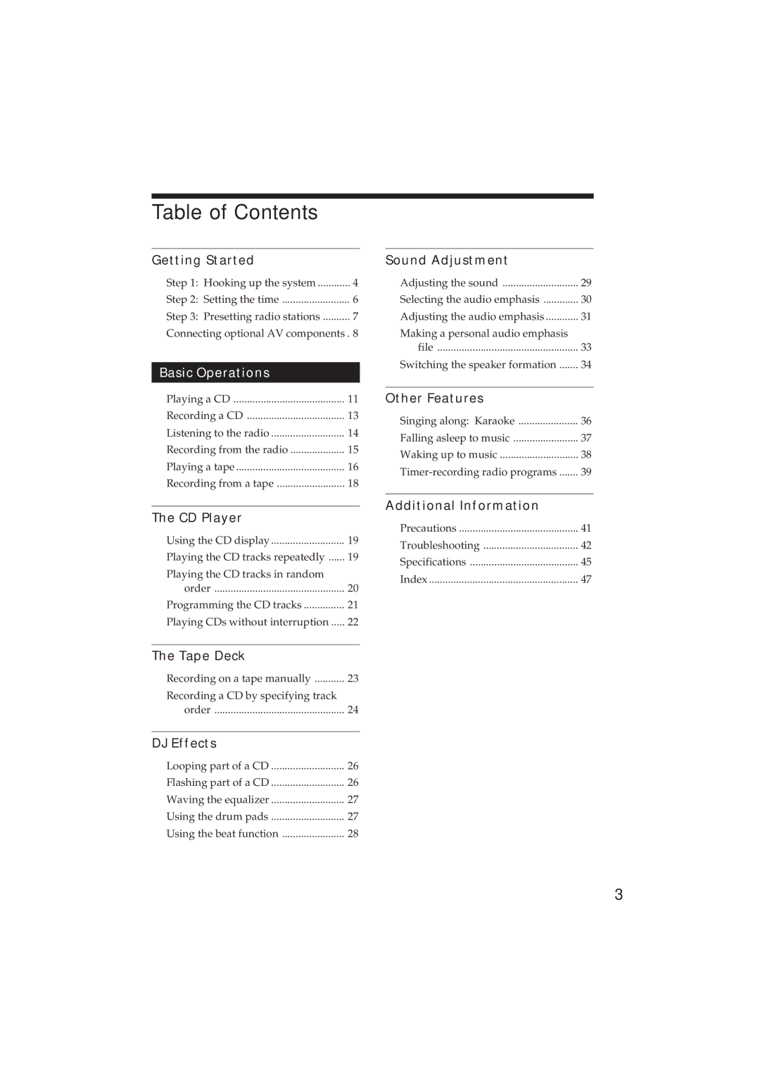 Sony MHC-GR8 manual Table of Contents 