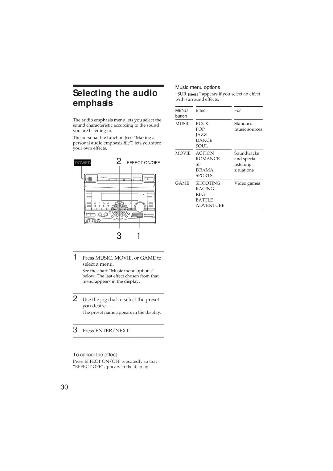 Sony MHC-GR8 manual Selecting the audio emphasis, Press MUSIC, MOVIE, or Game to select a menu, To cancel the effect 