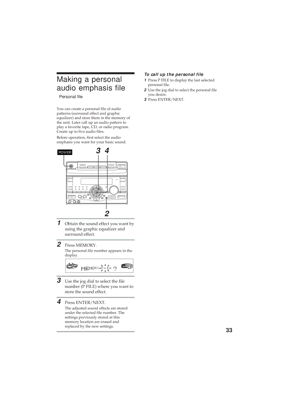 Sony MHC-GR8 manual Making a personal audio emphasis file, Personal file, To call up the personal file 