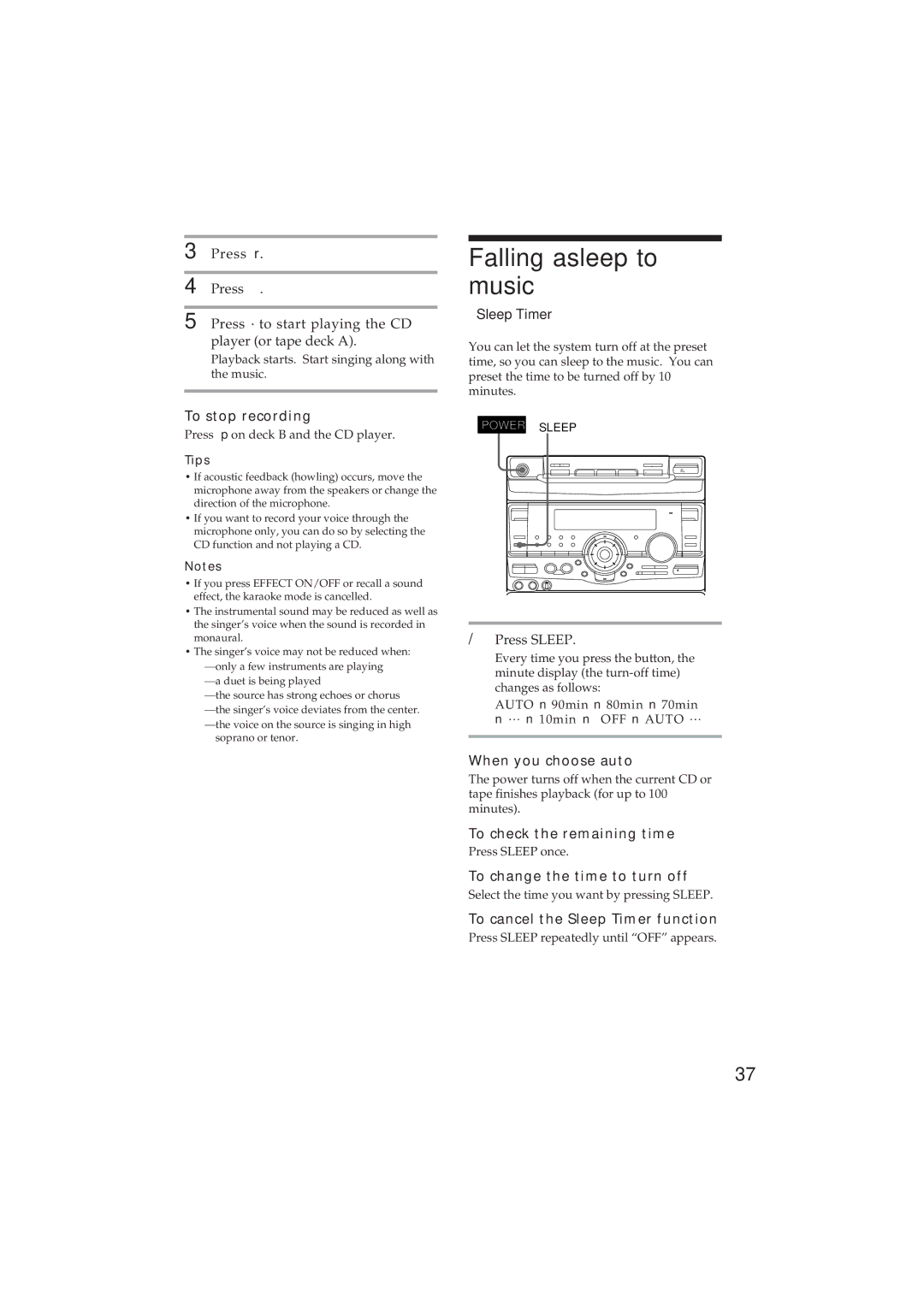 Sony MHC-GR8 manual Falling asleep to music, Sleep Timer 