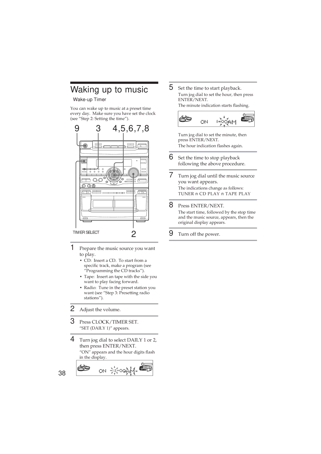 Sony MHC-GR8 manual Waking up to music, 4,5,6,7,8, Wake-up Timer 