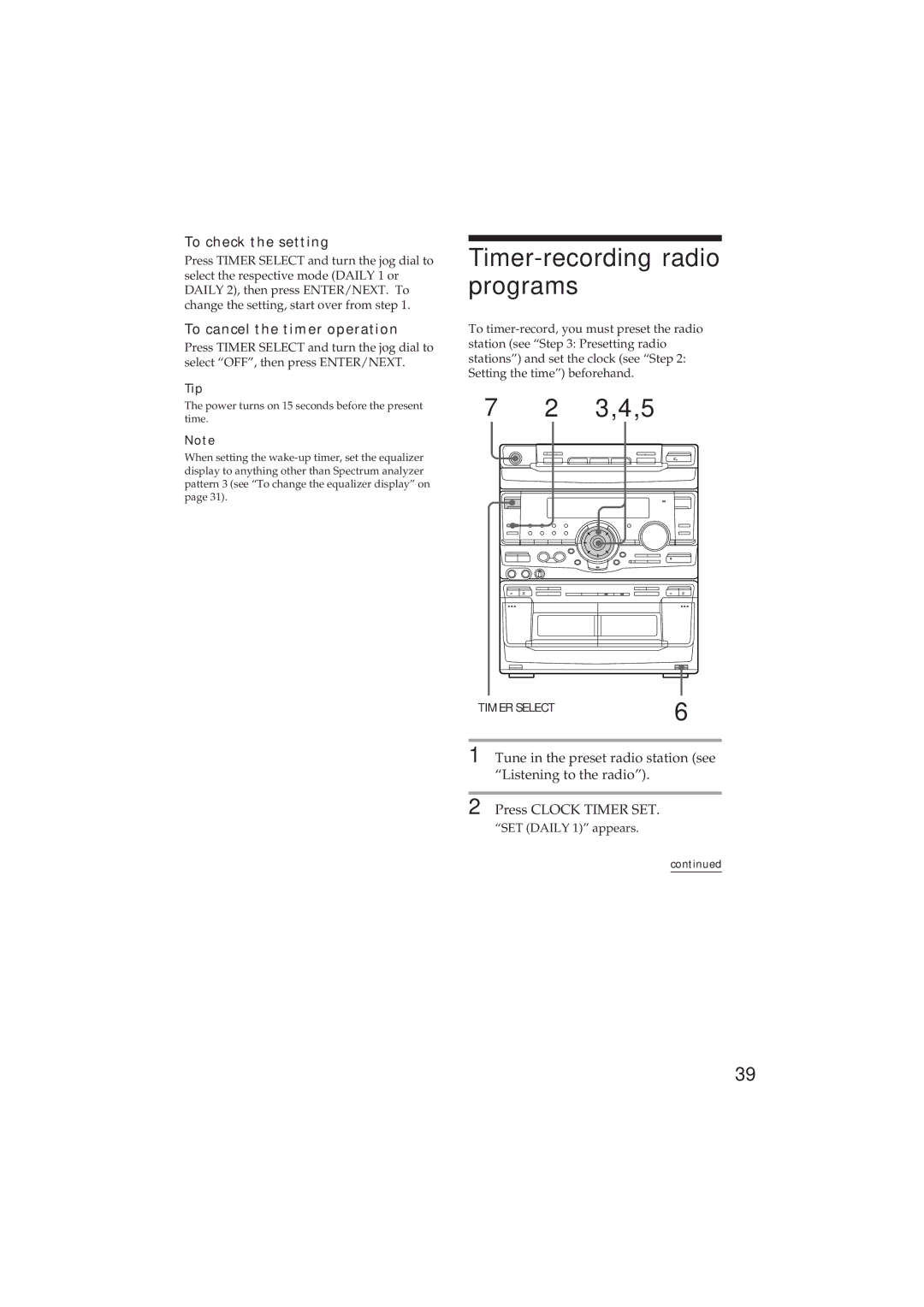 Sony MHC-GR8 manual Timer-recording radio programs, 3,4,5, To check the setting, To cancel the timer operation 