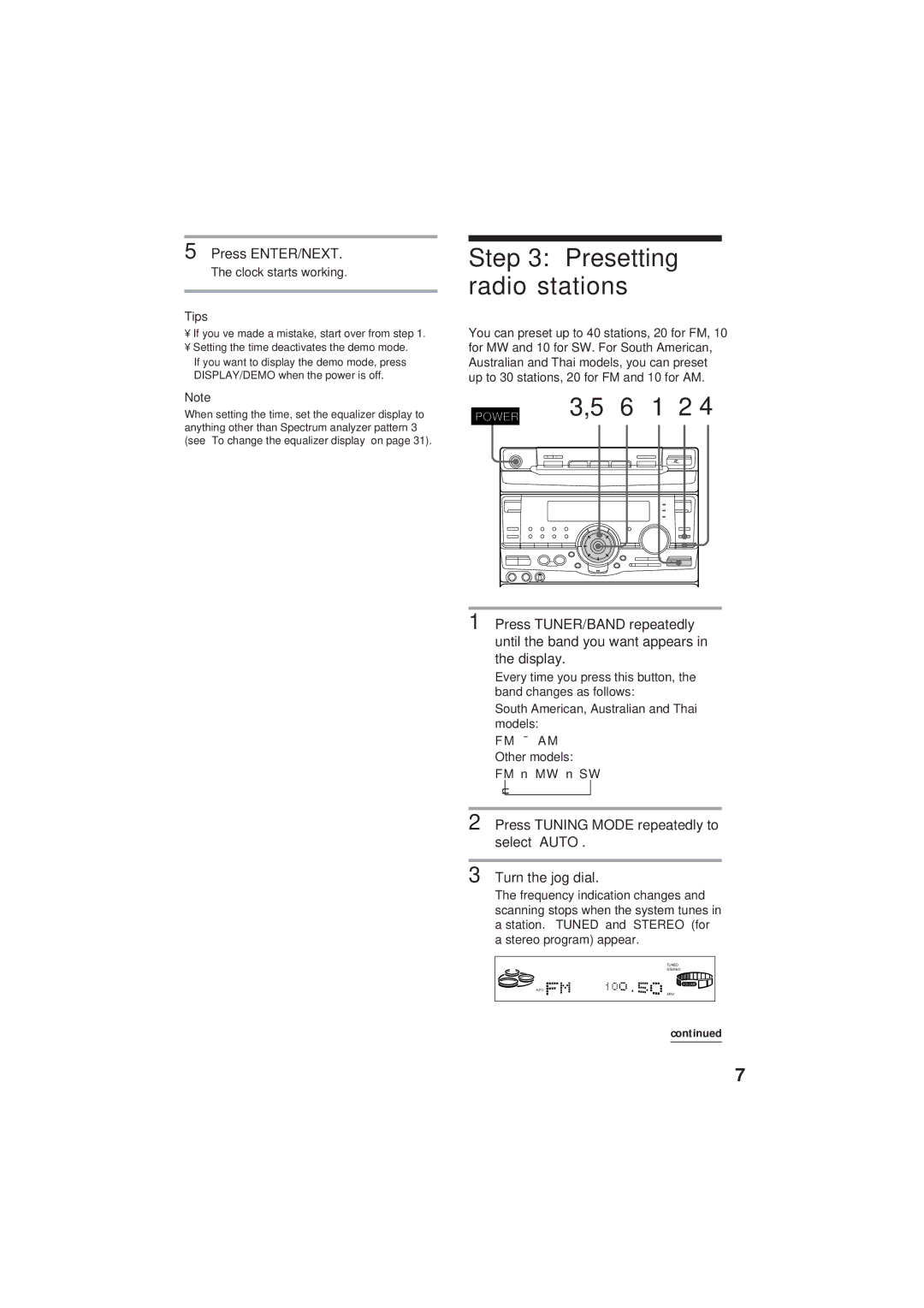 Sony MHC-GR8 manual Presetting radio stations, 6 1 2, Tips 