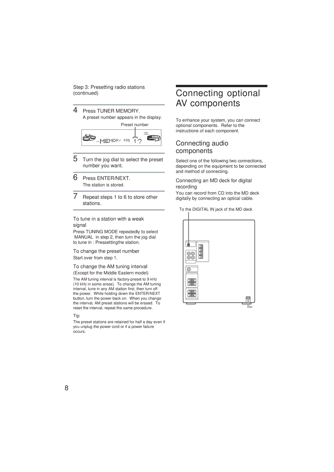 Sony MHC-GR8 manual Connecting optional AV components, Connecting audio components, Presetting radio stations 