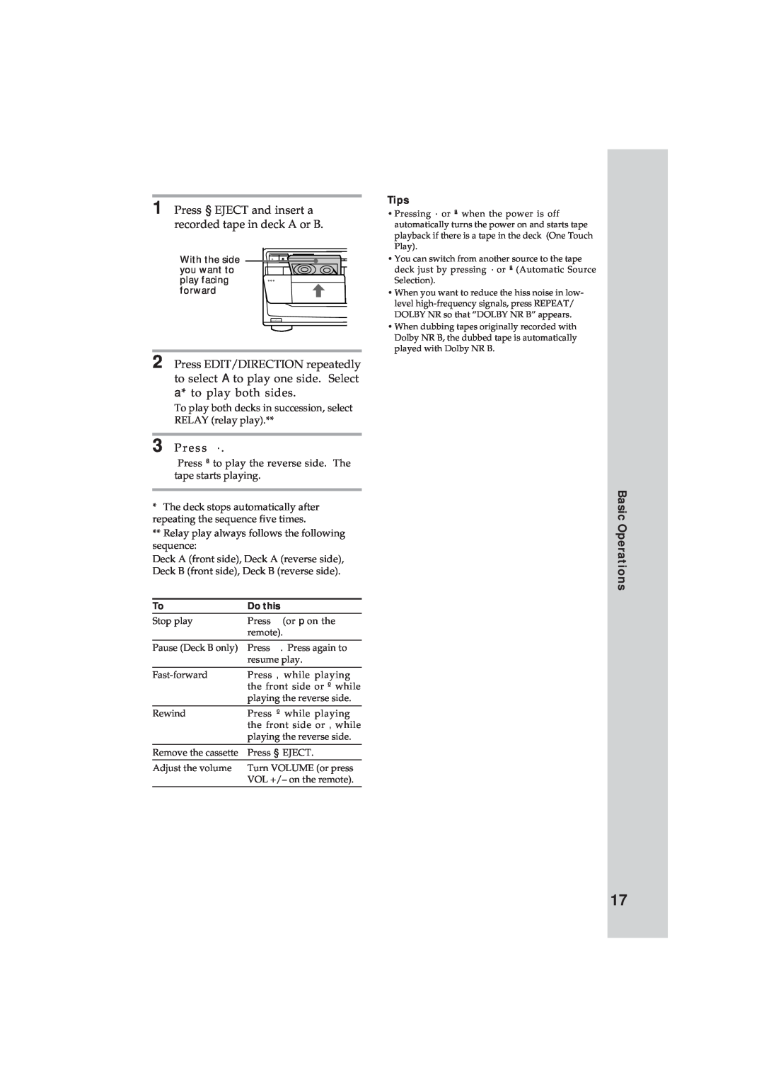Sony MHC-GR8 manual Press ·, Basic Operations 