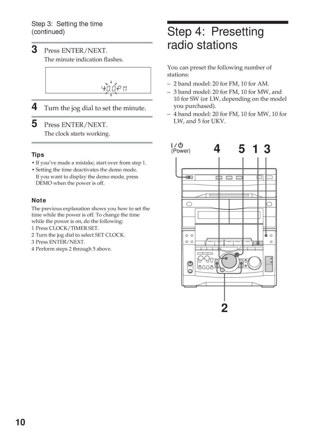 Sony MHC-GRX10AV operating instructions Presetting radio stations, Setting the time, Press ENTER/NEXT, Tips 