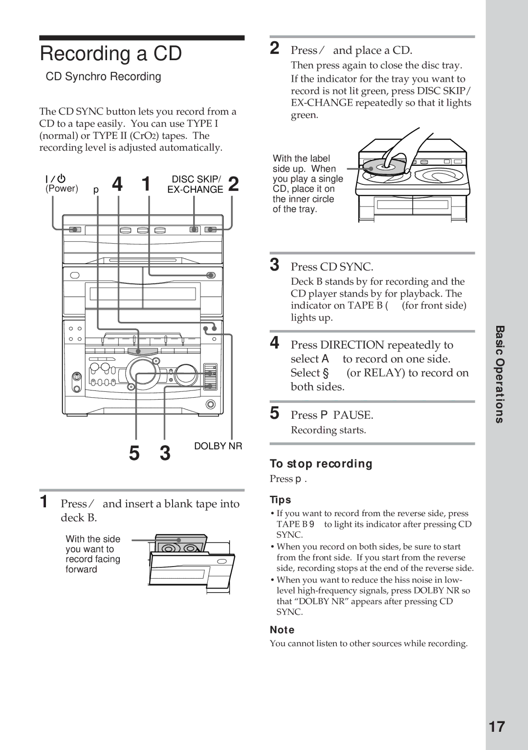 Sony MHC-GRX10AV operating instructions Recording a CD, CD Synchro Recording, To stop recording 