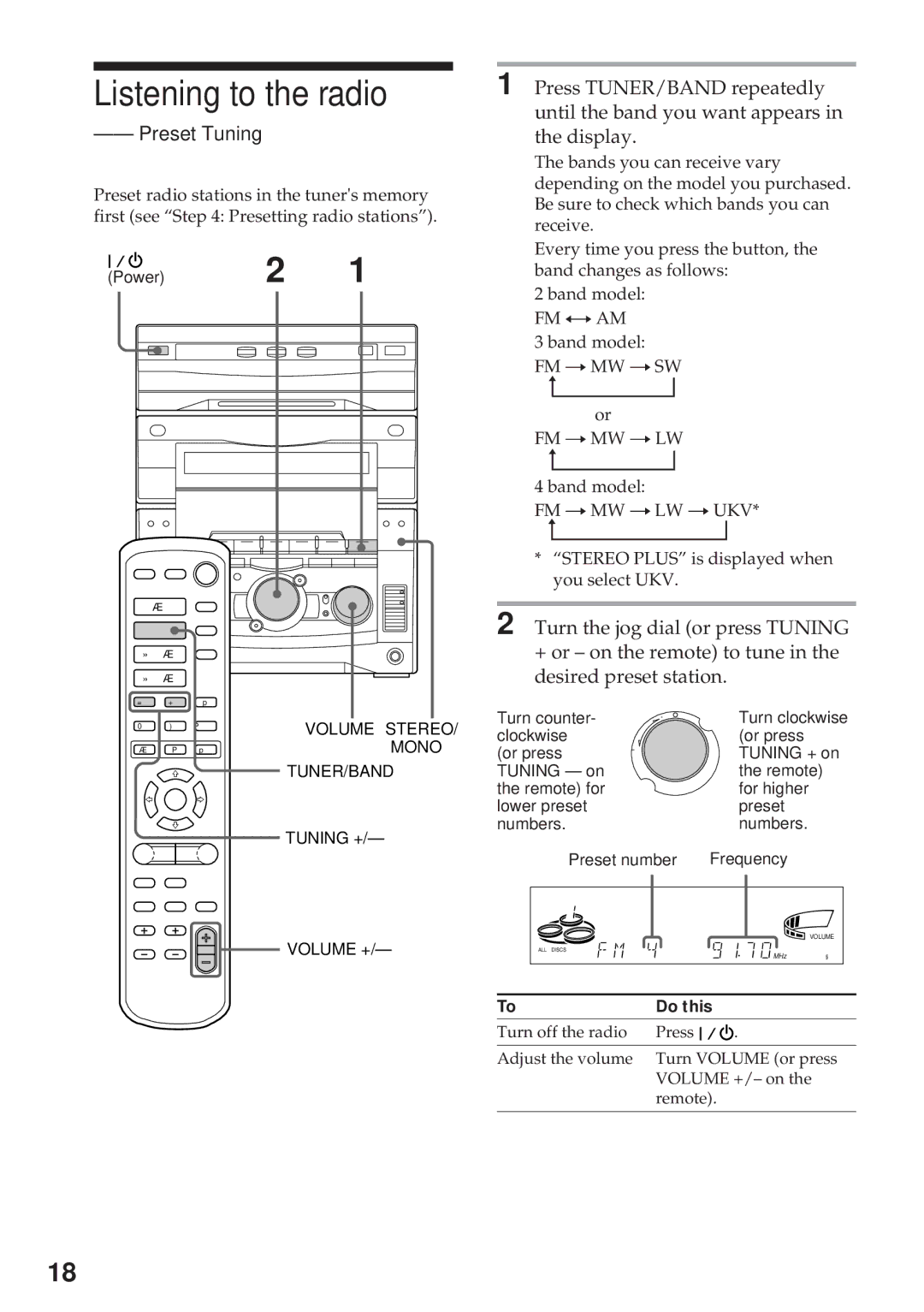 Sony MHC-GRX10AV operating instructions Listening to the radio, Preset Tuning 