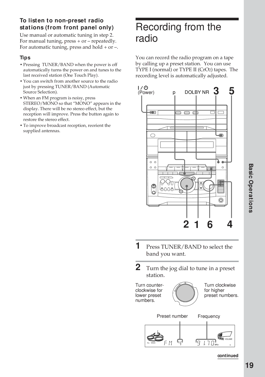 Sony MHC-GRX10AV Recording from the radio, To listen to non-preset radio stations from front panel only 