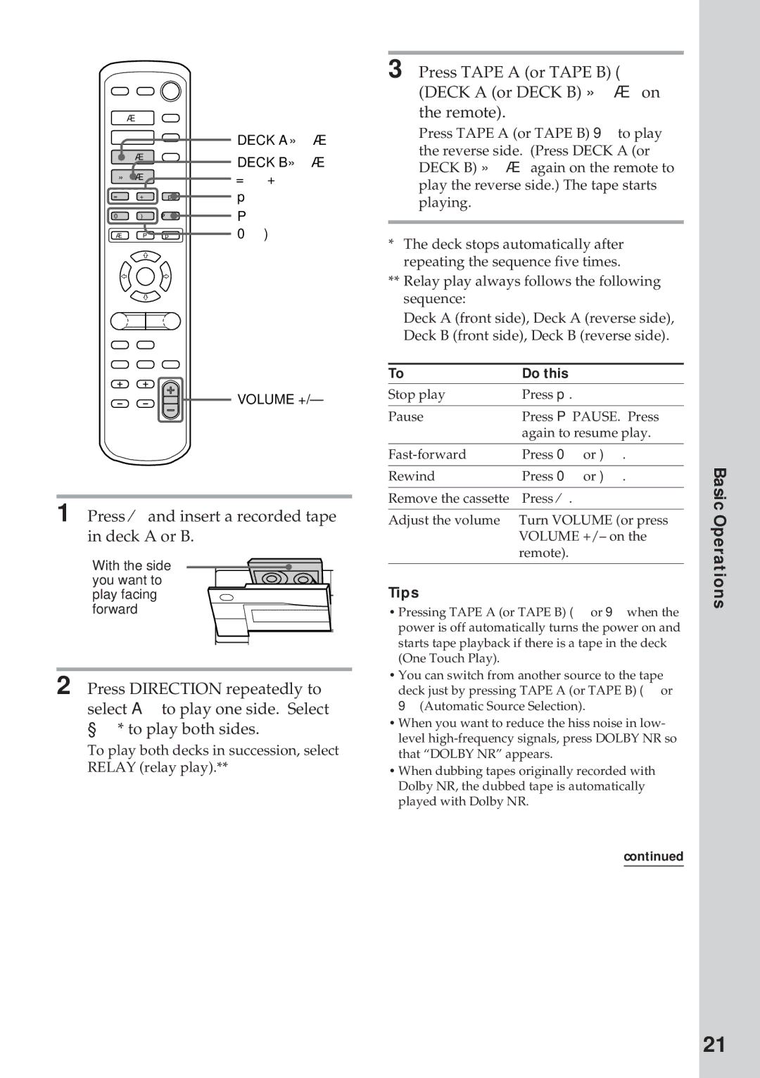 Sony MHC-GRX10AV operating instructions Press ¤and insert a recorded tape in deck a or B 