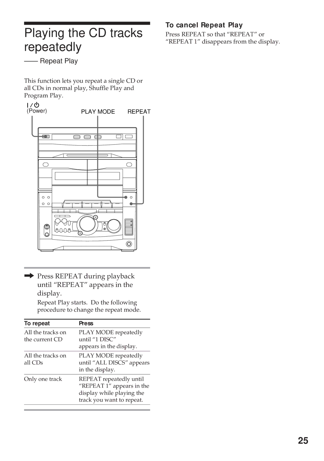 Sony MHC-GRX10AV operating instructions Playing the CD tracks repeatedly, To cancel Repeat Play 