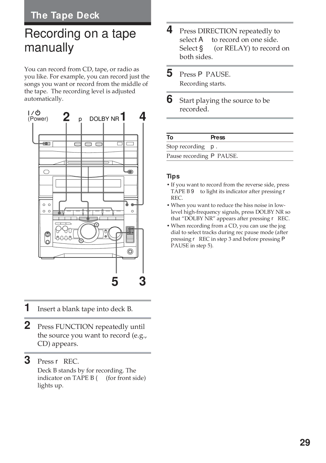 Sony MHC-GRX10AV operating instructions Recording on a tape manually, Start playing the source to be recorded 