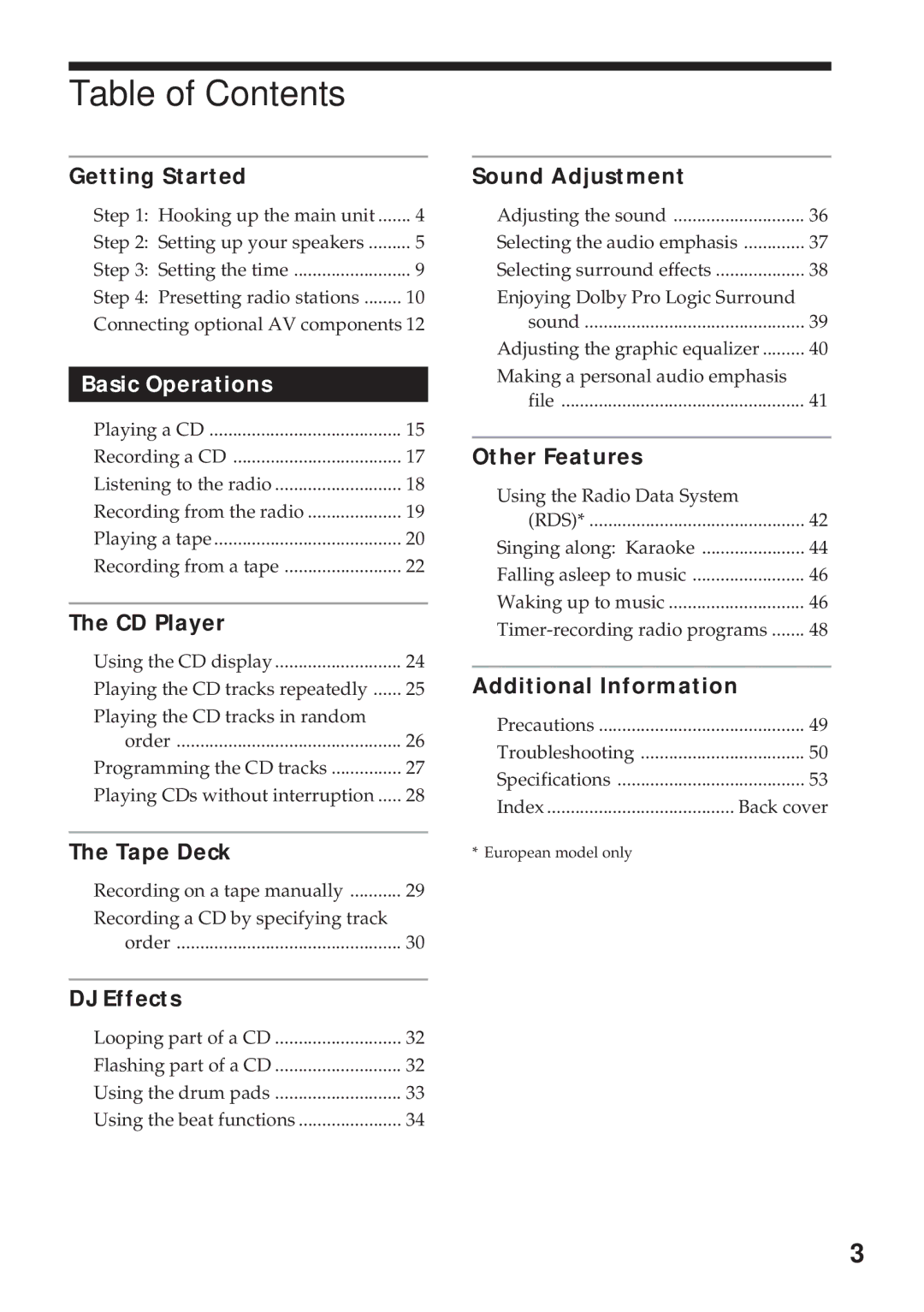 Sony MHC-GRX10AV operating instructions Table of Contents 