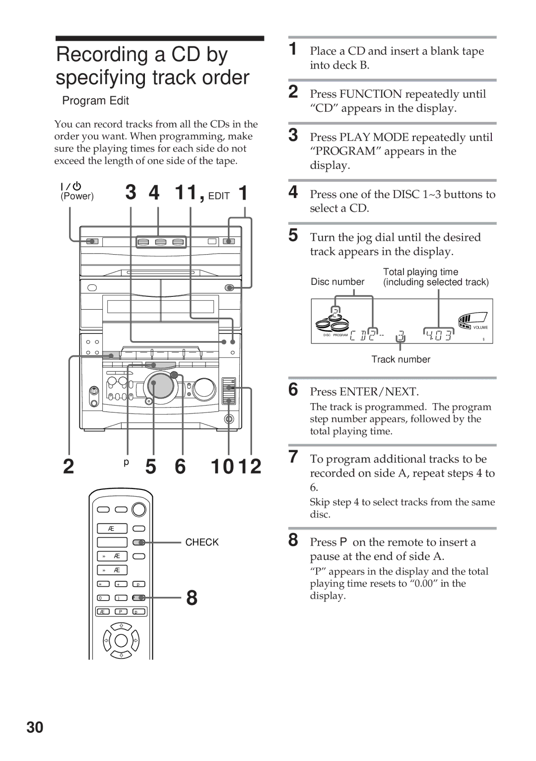 Sony MHC-GRX10AV operating instructions Recording a CD by specifying track order, Program Edit 