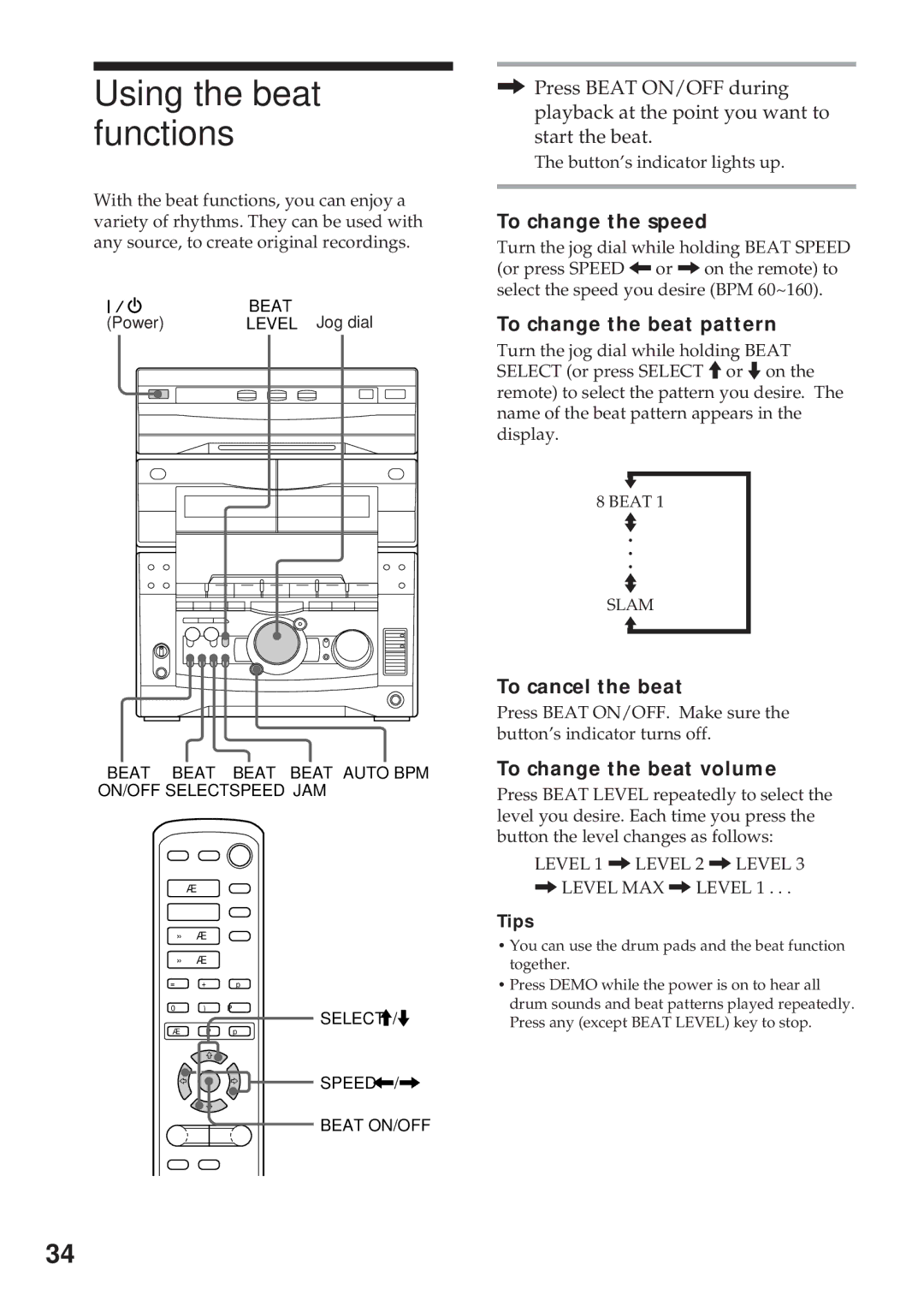 Sony MHC-GRX10AV Using the beat functions, To change the speed, To change the beat pattern, To cancel the beat 