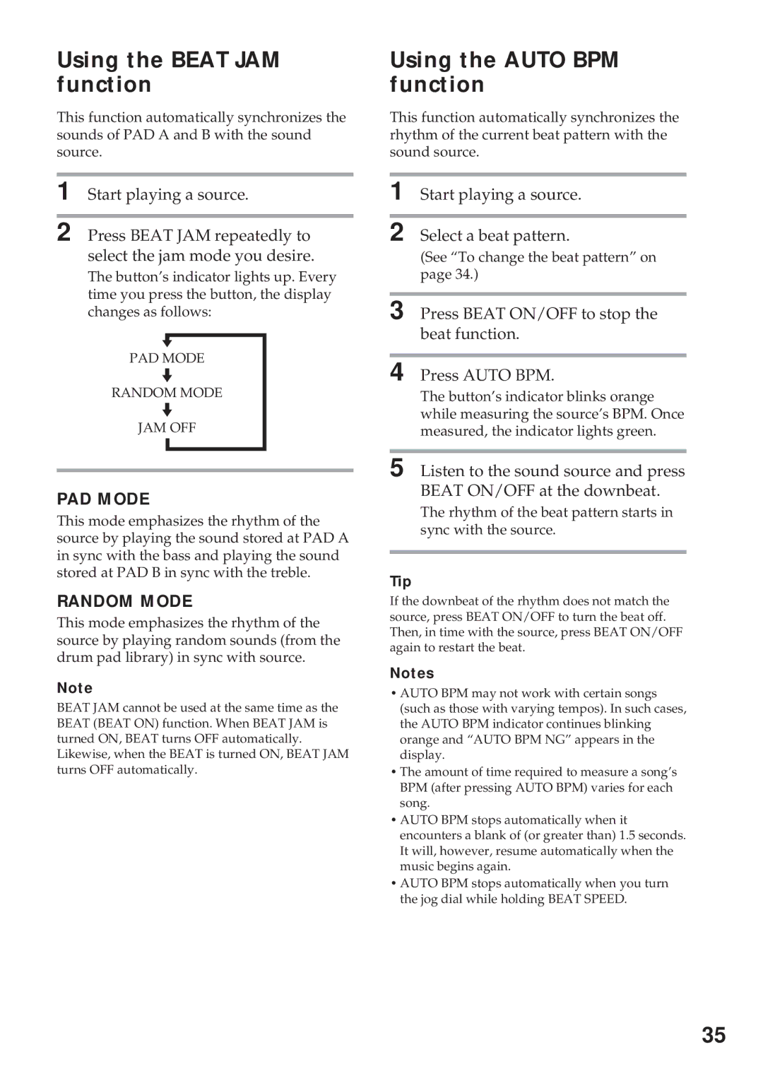 Sony MHC-GRX10AV Using the Beat JAM function, Using the Auto BPM function, Start playing a source Select a beat pattern 