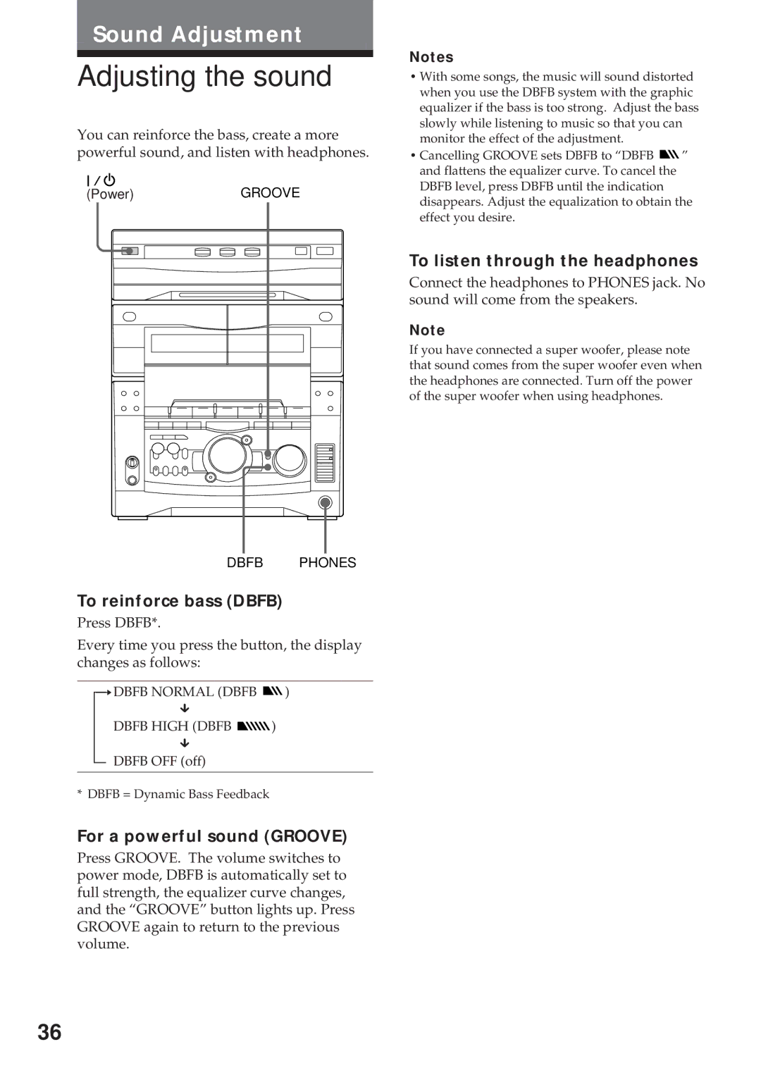 Sony MHC-GRX10AV operating instructions Adjusting the sound, To listen through the headphones, To reinforce bass Dbfb 