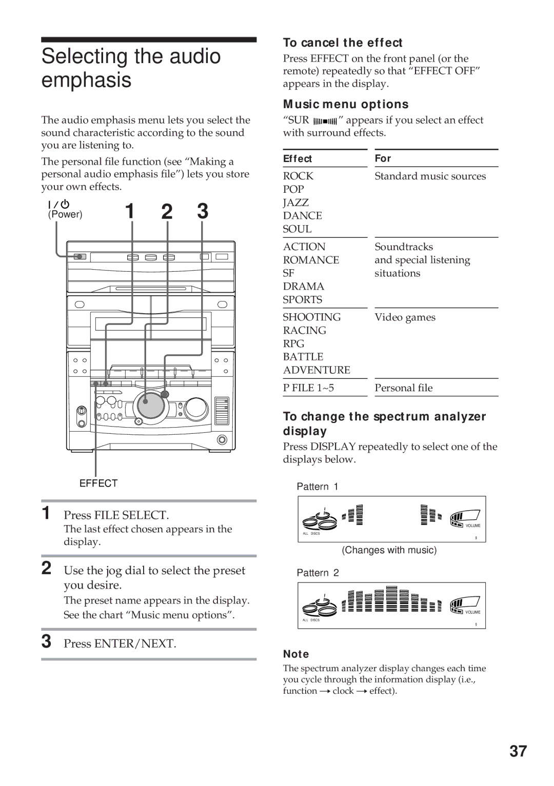 Sony MHC-GRX10AV operating instructions Selecting the audio emphasis, To cancel the effect, Music menu options 