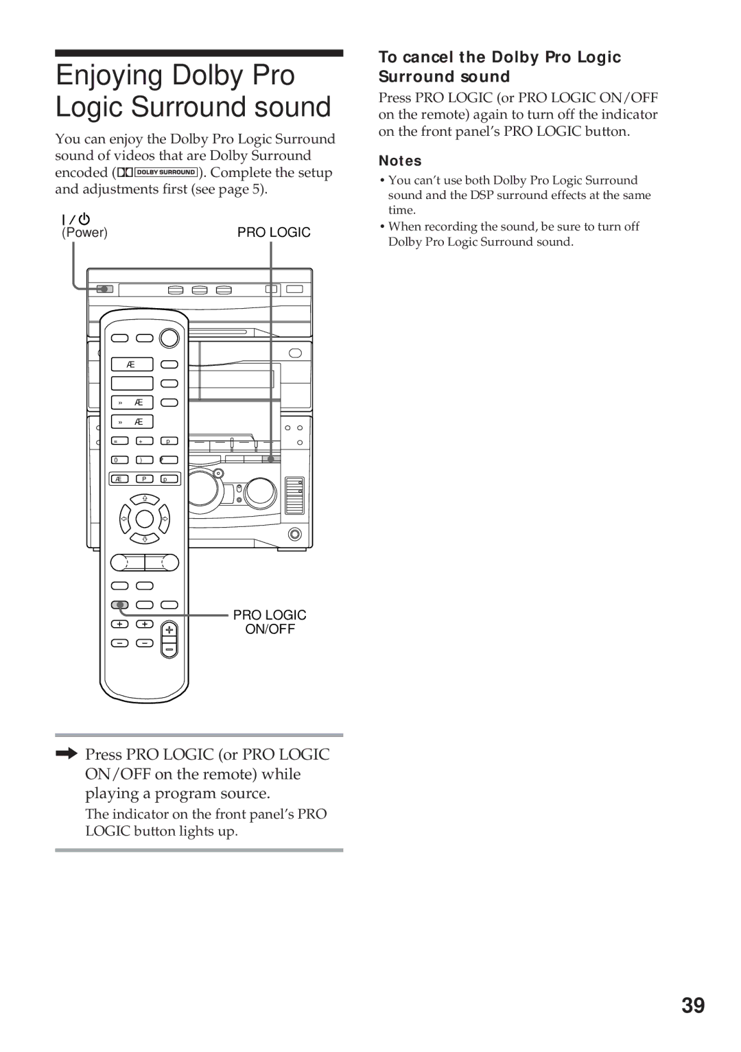 Sony MHC-GRX10AV Enjoying Dolby Pro Logic Surround sound, To cancel the Dolby Pro Logic Surround sound 