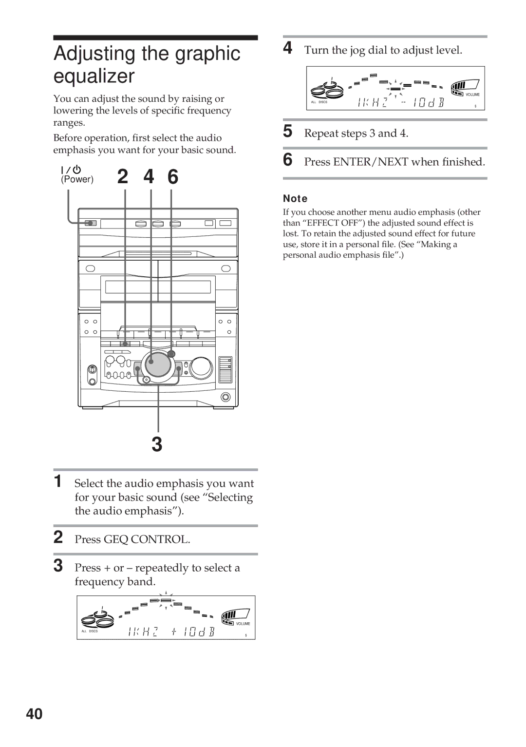 Sony MHC-GRX10AV operating instructions Adjusting the graphic equalizer, Turn the jog dial to adjust level 