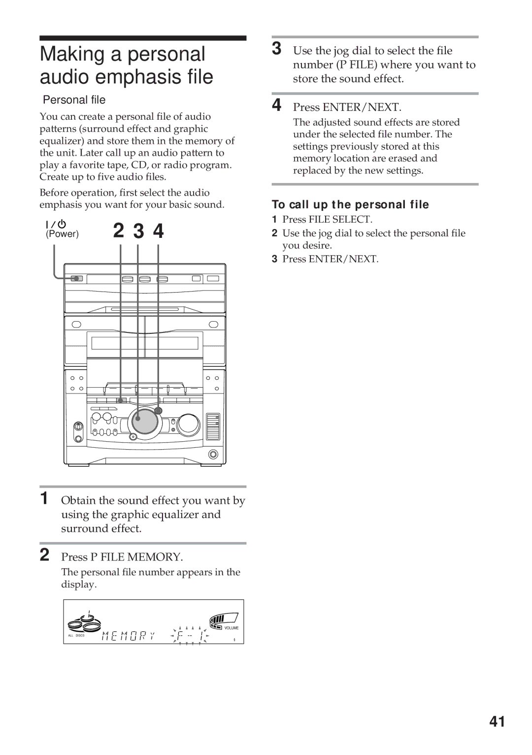 Sony MHC-GRX10AV operating instructions Making a personal audio emphasis file, Personal file, To call up the personal file 