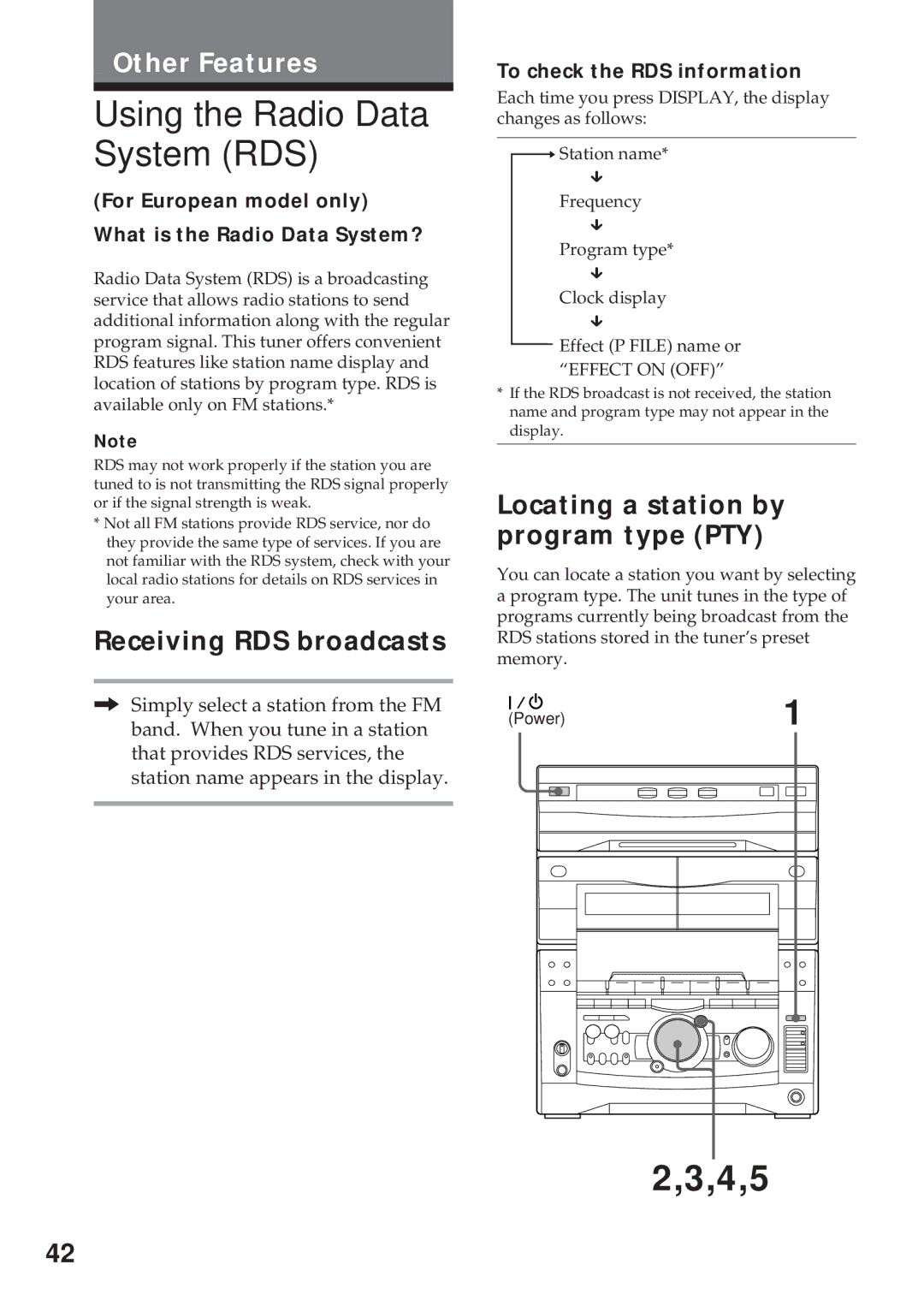 Sony MHC-GRX10AV Using the Radio Data System RDS, 4,5, Receiving RDS broadcasts, Locating a station by program type PTY 