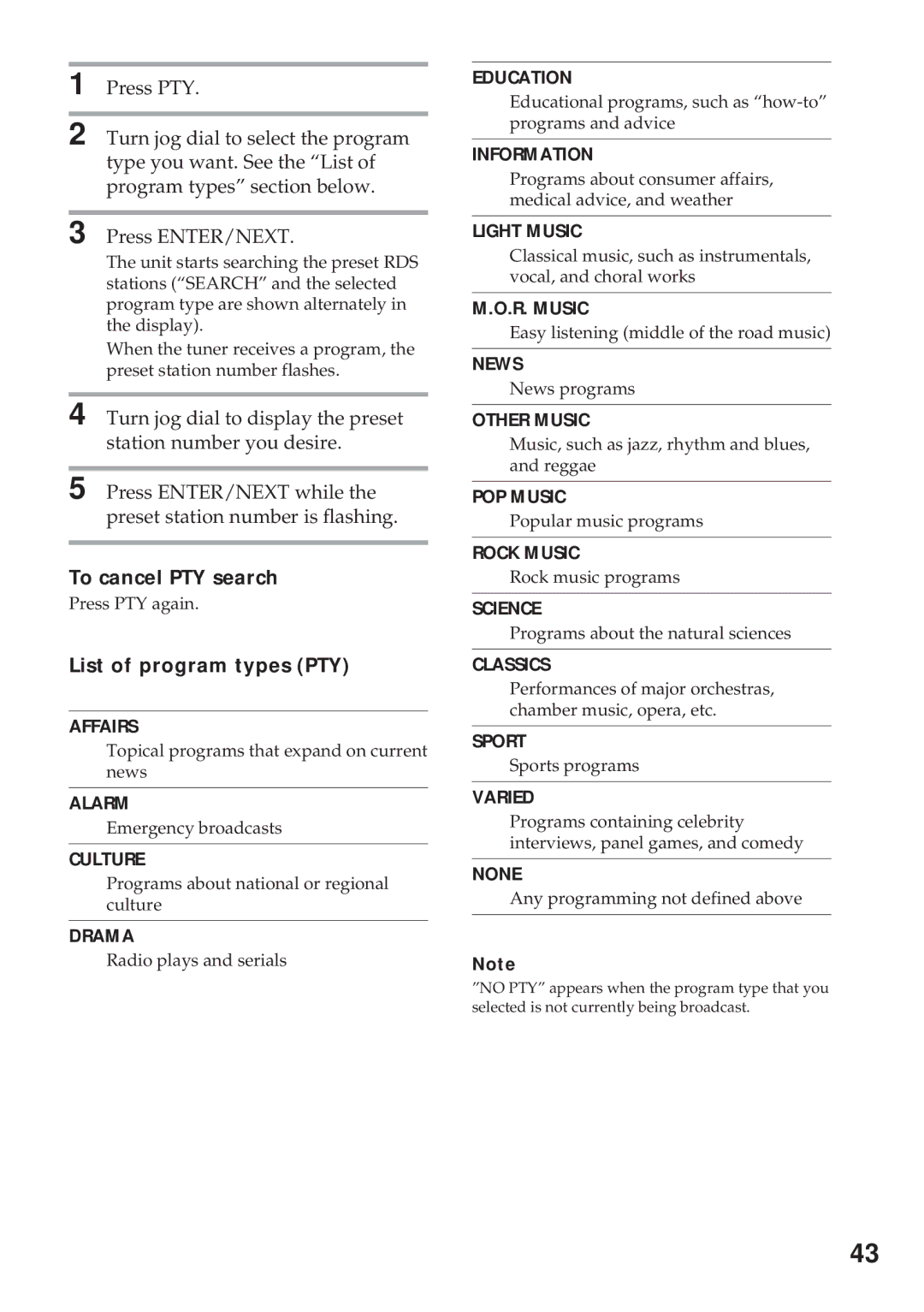 Sony MHC-GRX10AV operating instructions To cancel PTY search, List of program types PTY 