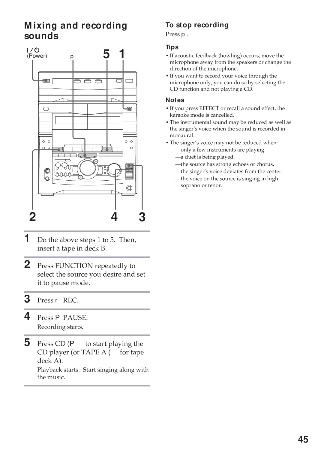 Sony MHC-GRX10AV operating instructions Mixing and recording sounds, To stop recording 