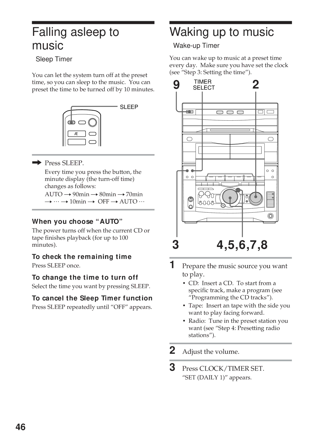 Sony MHC-GRX10AV operating instructions Falling asleep to music, Waking up to music, 5,6,7,8, Sleep Timer, Wake-up Timer 