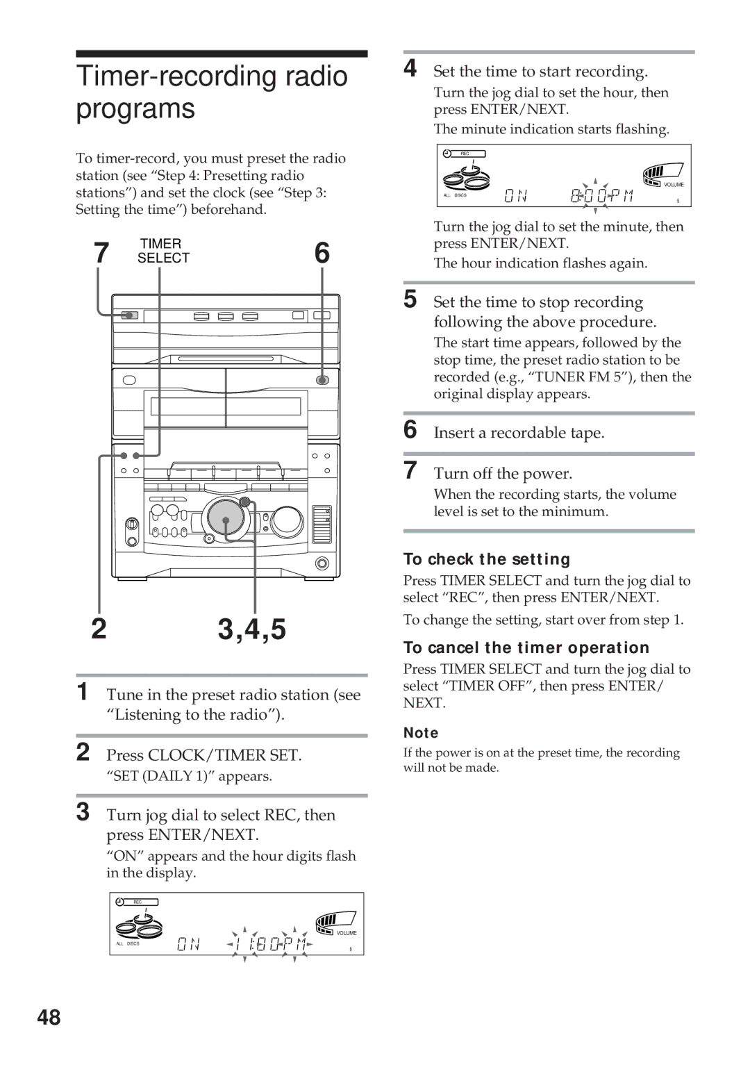 Sony MHC-GRX10AV operating instructions Timer-recording radio programs, Turn jog dial to select REC, then press ENTER/NEXT 